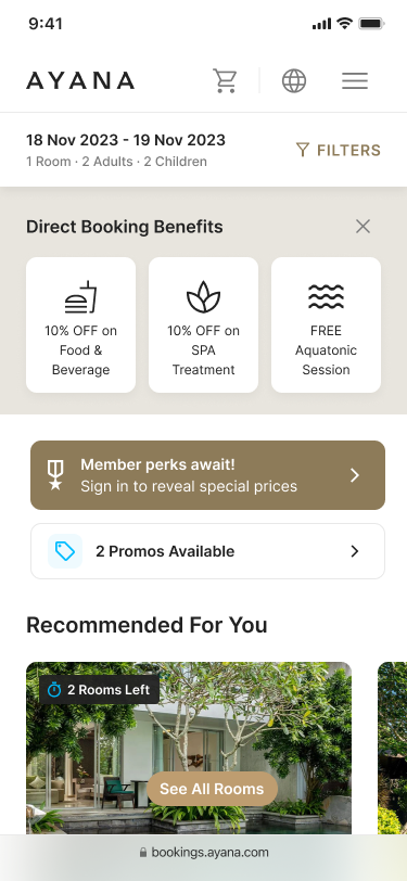 AYANA mobile booking design in an iPhone mockup