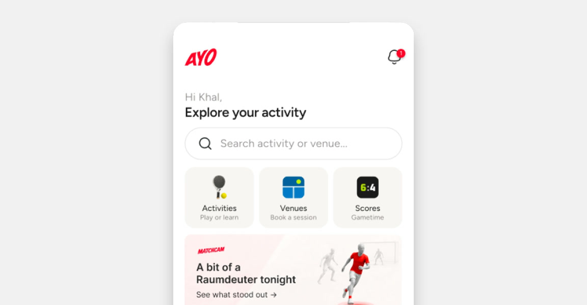 The Ayo home screen carrying a MatchCam card that reads a bit of a Raumdeuter tonight, see what stood out.