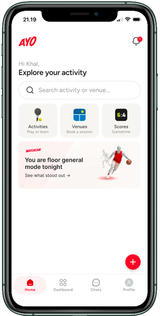 The same home screen with a contextual MatchCam card sitting under the three shortcuts.