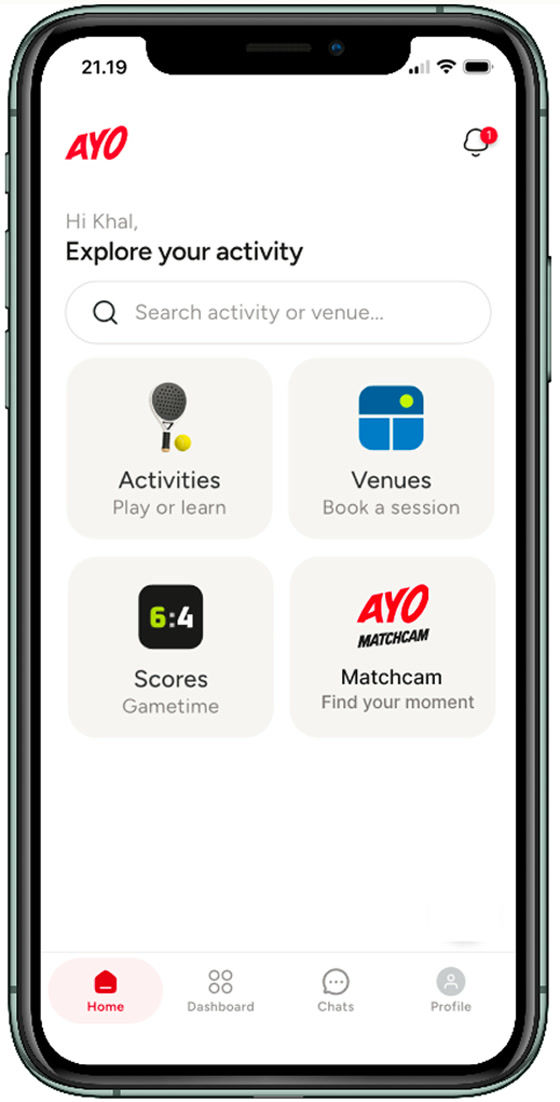 The same home screen with MatchCam promoted to a fourth permanent shortcut beside Activities, Venues and Scores.
