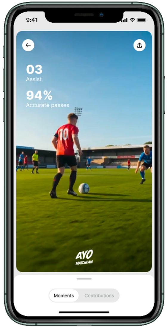 A recommended moment playing full screen with the assist and accurate-pass figures over it.