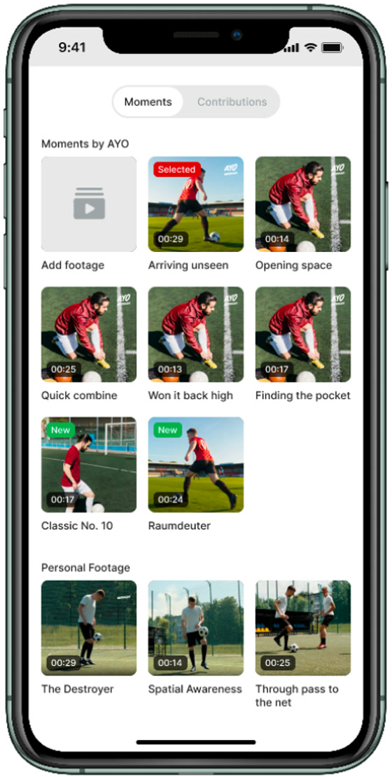 The moment list, split into moments by Ayo and the player's own personal footage.