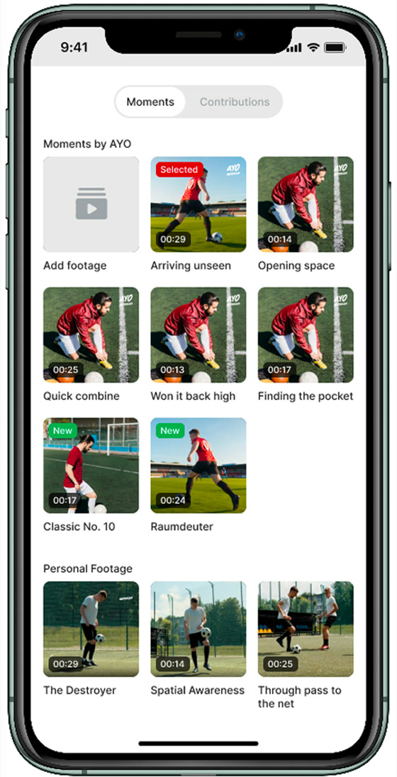 The moment list, split into moments by Ayo and the player's own personal footage.