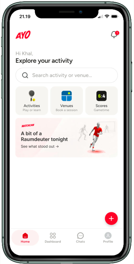 The Ayo home screen with a MatchCam card reading a bit of a Raumdeuter tonight.
